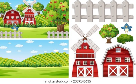 Farm element set isolated with farm scence illustration