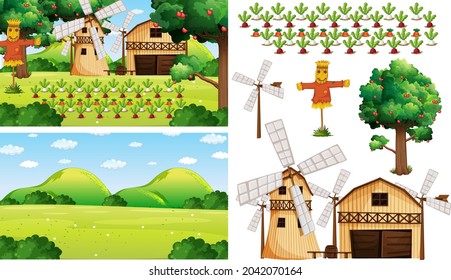 Farm element set isolated with farm scence illustration