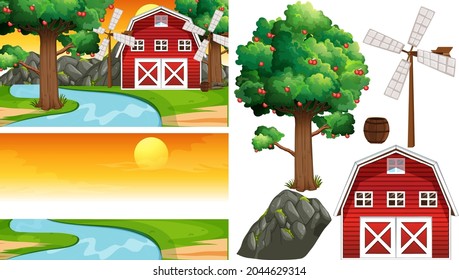 Farm element set isolated with farm scence illustration