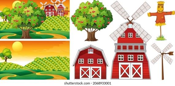 Farm element set isolated with farm scence illustration