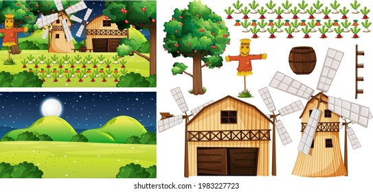 Farm element set isolated with farm scene illustration