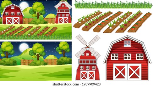 Farm element set isolated with farm scene illustration