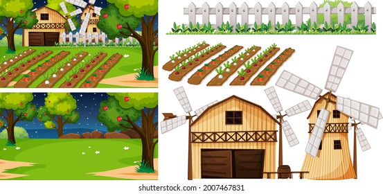 Elemento de granja aislado con ilustración de la escena de la granja