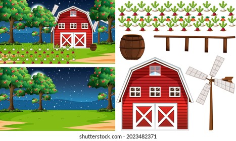 Elemento de granja aislado con ilustración de la escena de la granja