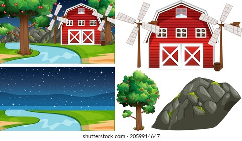 Farm element set isolated with farm scene illustration