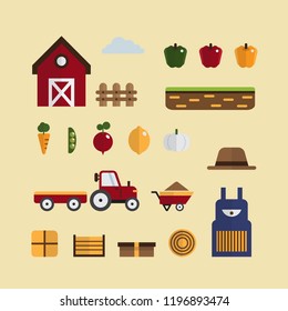 Farm elements collection, farm constructor icon sets, barn, windmill, cultivation, fruits and vegetables for harvest, flowers, equipment, gardening tools with modern flat design. Vector illustration.