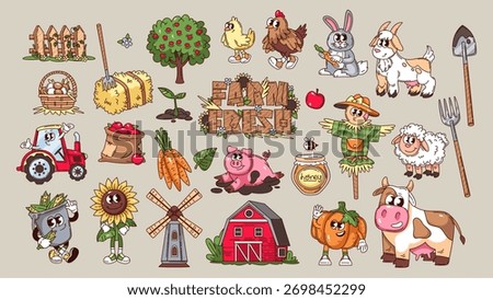 Farm elements in colorful cartoon style: animals, vegetables, tools and barn. Groovy character sticker set of farm elements: cow, pig, rabbit, tractor and more. Vector illustration.