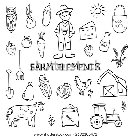 Farm elements doodle set. Hand-drawn sketch on the theme of agriculture, organic products, and animals.