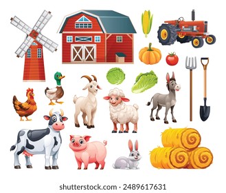 Farm elements including barn, windmill, tractor, animals, and crops. Vector cartoon illustration