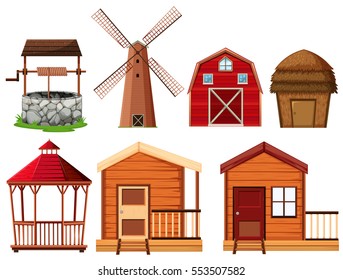 Farm elements with many buildings illustration