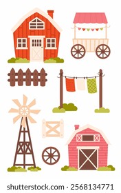 Farm elements set. Barn, windmill, cart, fence, gate, wheel. Flat vector illustration.