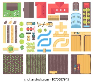 Farm elements - set of modern vector isolated objects on white background for creating your own images. Top view position of roofs, rivers, roads, greenhouses, ploughed fields, vehicles, garden beds