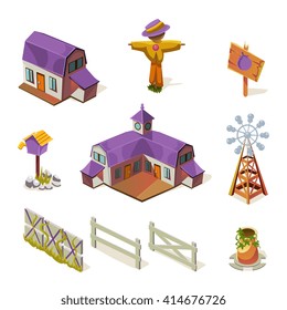 Farm Elements Set Simplified Cute Illustration In Childish Colorful Flat Vector Design Isolated On White Background 