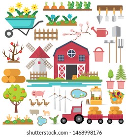 Farm elements with tools garden, animals and other objects.Farming in flat style.Vector illustration.