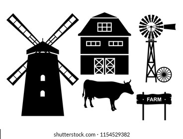 Farm. Farm elements - windmill, barn, wind turbines, wheel, cow, wooden plaque. Vector illustration.