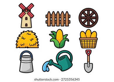 Farm elements windmill fence wheel hay corn basket bucket watering can shovel