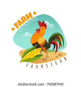 farm emblem with rooster and corn on a white background
