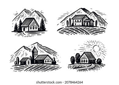 Farm emblem set. Rural landscape with houses and fields. Vineyard vector illustration