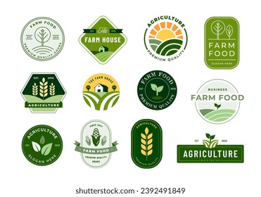 Farm emblems. Agriculture and farm food labels, agrarian quality seals and artisanal foods stickers vector set of emblem farm design illustration