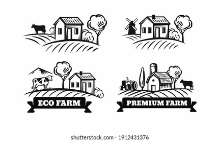 farm emblems with mill and cow