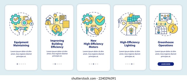 Farm energy efficiency onboarding mobile app screen. Walkthrough 5 steps editable graphic instructions with linear concepts. UI, UX, GUI template. Myriad Pro-Bold, Regular fonts used