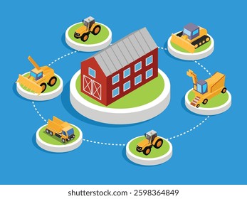 Farm Equipment and Agricultural Machinery Around a Barn 3d flat vector illustrations