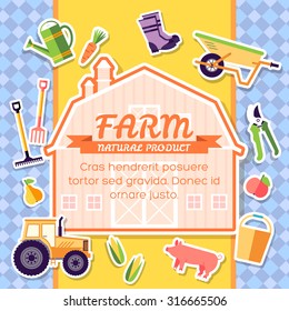 Farm equipment elements on background poster in sticker style design. Instruments, flowers, vegetables, fruits, hay,  building, animals, tractor, tools, clothing. Vector template card illustration