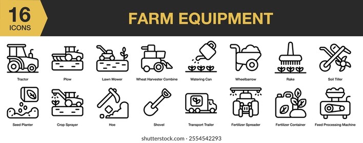 Farm Equipment icon set. Includes tractor, plow, lawn mower, can, shovel, rake, and More. Outline icons vector collection.