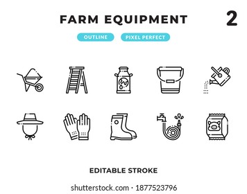 Farm Equipment Outline Icons Pack for UI. Editable Stroke. Pixel perfect thin line vector icon set for web design and website application.
