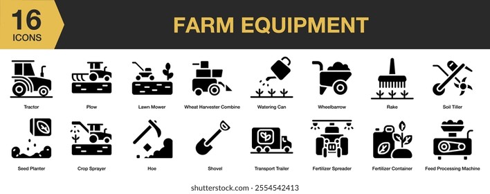 Farm Equipment solid icon set. Includes tractor, plow, lawn mower, can, shovel, rake, and More. Solid icons vector collection.