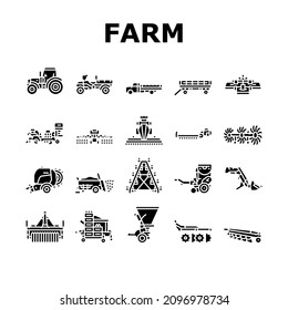 Equipo De Granja Y Vector De Juego De Iconos De Transporte. Línea De Equipamiento Agrícola De Baler Y Manure Spreader, Hidroponic Y Transplantador. Pictogramas De Glifo De Tractor Y Camión Agrícola Ilustraciones Negras