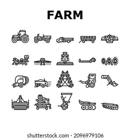 Farm Equipment And Transport Icons Set Vector. Baler And Manure Spreader, Hydroponic And Transplanter Machinery Farm Equipment Line. Tractor And Truck Farmland Car Black Contour Illustrations