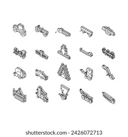 Farm Equipment And Transport isometric icons set. Baler And Manure Spreader, Hydroponic And Transplanter Machinery Farm Equipment Line. Tractor And Truck Farmland Car Color .