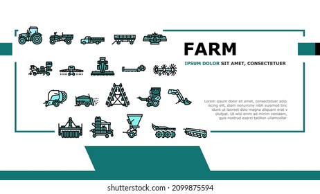 Vector De Plantilla De Banner De La Página Web De Inicio De Transporte Y Equipo De Granja. Línea De Equipamiento De Explotación Agrícola De Baler Manure Spreader, Hidroponic Y Transplantador. Ilustración de automóviles Tractor Truck Farmland