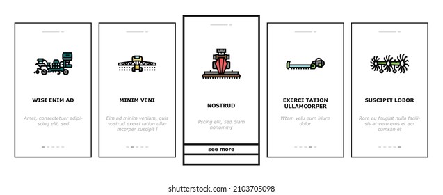 Farm Equipment And Transport Onboarding Mobile App Page Screen Vector. Baler And Manure Spreader Hydroponic And Transplanter Machinery Farm Equipment Line. Tractor And Truck Farmland Car Illustrations