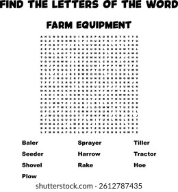 Farm Equipment Word Search Puzzle For Education And Vocabulary Building Activity