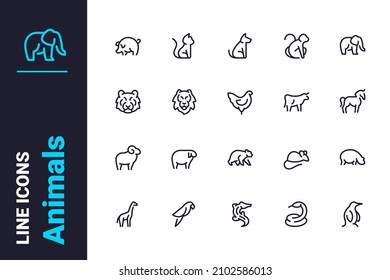 Farm and exotic animals icons set vector illustration. Farm, forest, domestic and african animals line icon. Wildlife, fauna concept