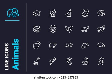 Farm and exotic animals icons set vector illustration. Farm, forest, domestic and african animals line icon. Wildlife and fauna concept