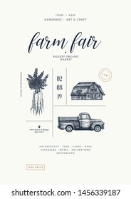 Farm fair poster vintage design template. Handsketched vintage carrot, farm house, car. Line art illustration. Vector illustration