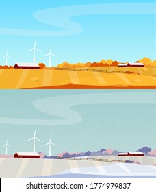 Farm in the fall and winter. Change of seasons on the farm. Harvesting on the farm. End of season at the farm. Vector illustration.
