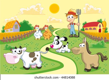 Farm Family with background. Funny cartoon and vector illustration.