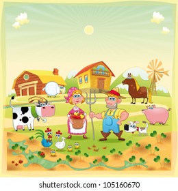 Farm Family. Funny Cartoon And Vector Illustration.