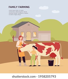 Farm family at work. Mother and daughter taking care of cow, cattle animal that give milk. Flat cartoon vector illustration. Poster with text.