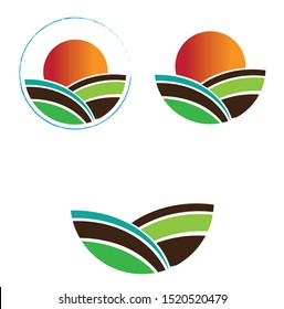 Farm, farmer, fields, plant and sun logo, icon template  