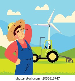 agricultor con tractor y molino de viento
