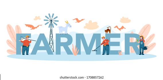 Farm, farmer typographic header concept. Farmers working on the field, watering plants and feeding animals. Summer countryside view, agriculture concept. Living in the village. Flat illustration