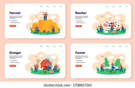 Farm, farmer web banner or landing page set. Farmers working on the field, watering plants and feeding animals. Summer countryside view, agriculture. Living in the village. Isolated flat illustration