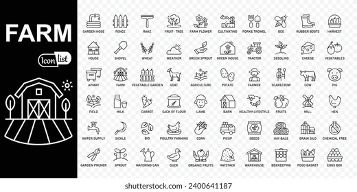 Farm, Farming, Agriculture - editable stroke icons collection. Thin line icons set.. Contains such Icons as Greenhouse, Haystack, Harvest and more. Simple vector illustration.	