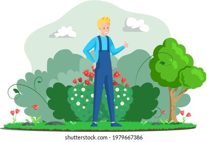 Farm, farming and agriculture. Farmer professional worker male character in overalls works in garden, beautiful yard with trees, bushes and flowers in flower bed. Organic horticulture, gardening hobby