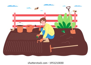 Farm, farming and agriculture. A farmer worker works on a farm, orchard, or vegetable garden: digging the ground, making beds, planting seedlings of vegetables and fruits, and watering the plants.